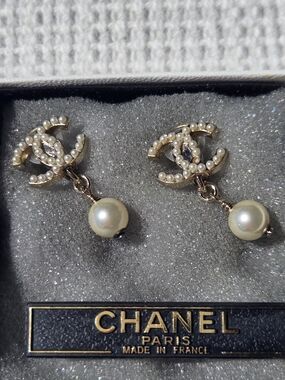 Chanel Gold-Tone Pearl CC Drop Earrings